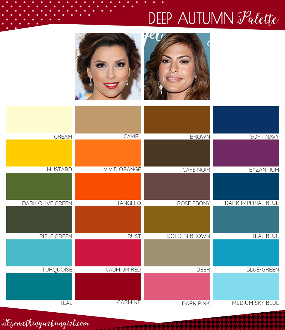 Best colors for Deep Autumn seasonal color women; Deep Autumn color palette