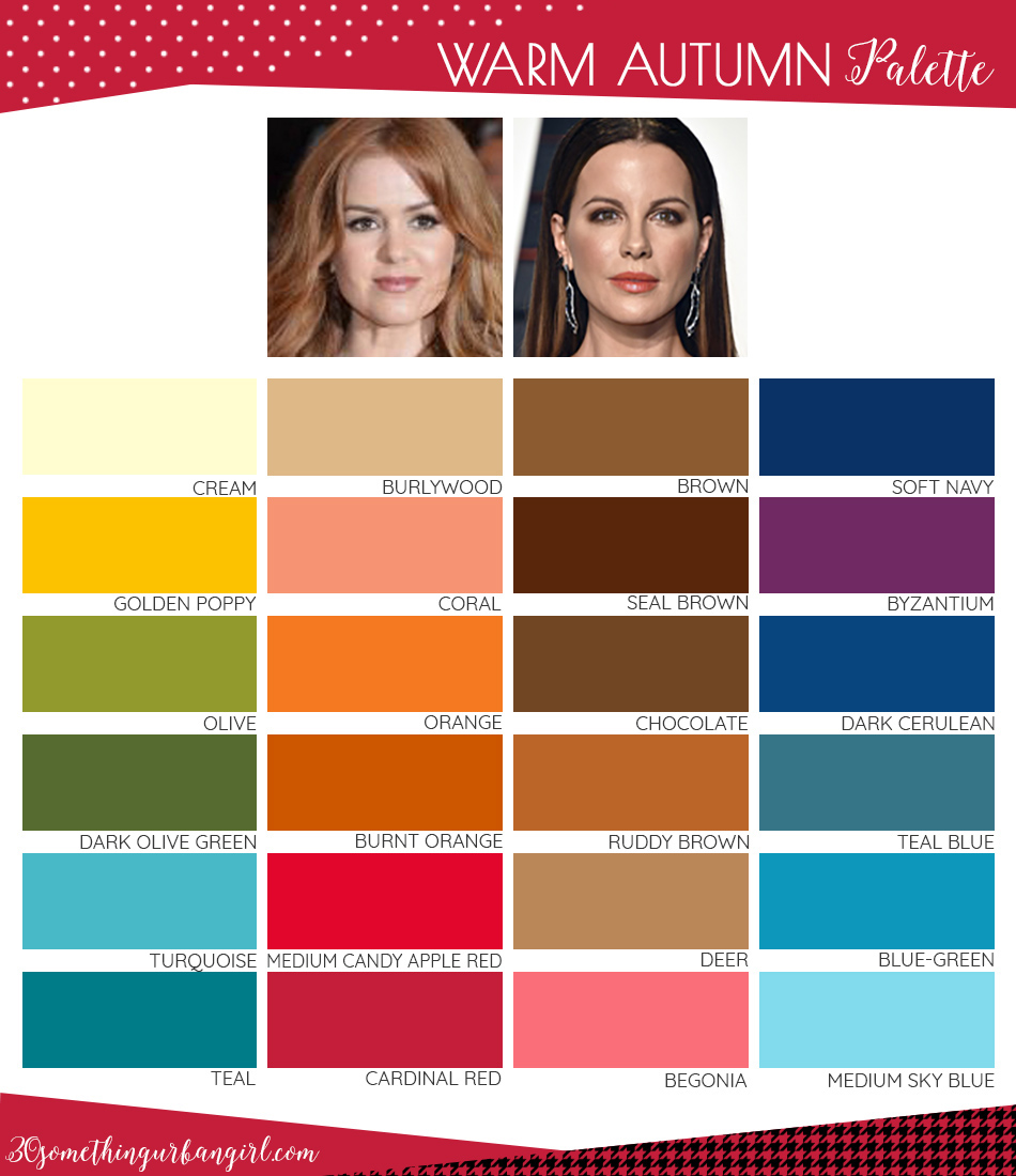 Best colors for Warm Autumn seasonal color women; Warm Autumn color palette