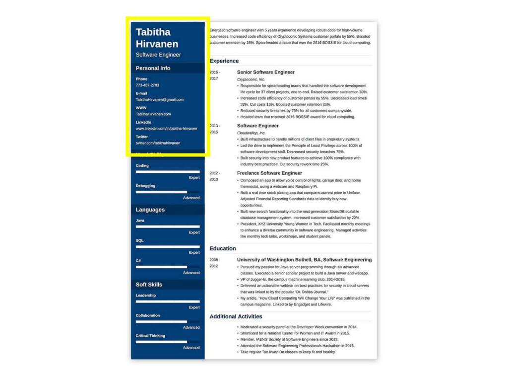 resume with highlighted header