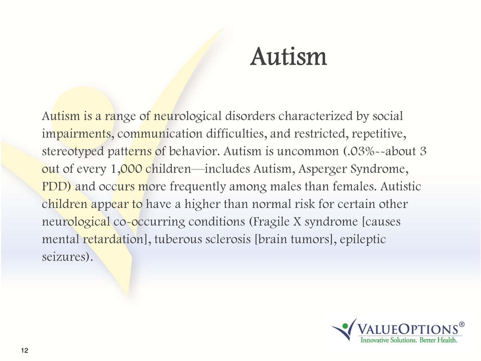 03%--about 3 out of every 1,000 children includes Autism, Asperger Syndrome, PDD) and occurs more frequently among males than females.