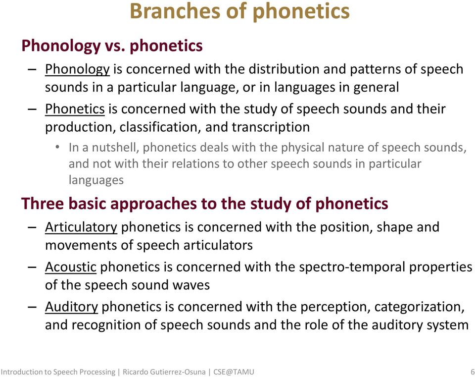 of speech sounds and their production, classification, and transcription In a nutshell, phonetics deals with the physical nature of speech sounds, and not with their relations to other speech sounds