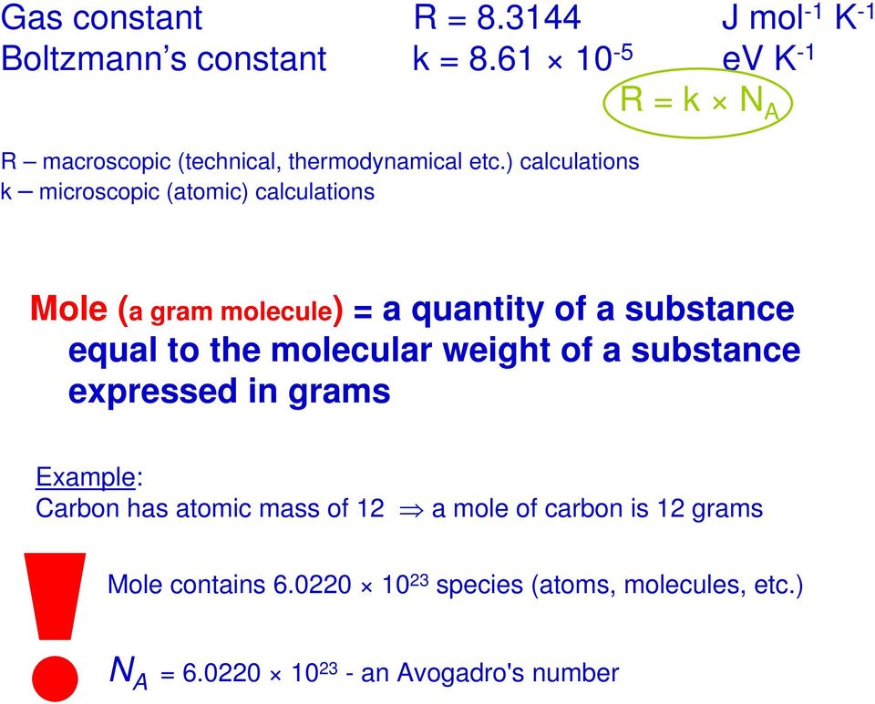 ) calculations k microscopic (atomic) calculations Mole (a gram molecule) a quantit of a substance equal to