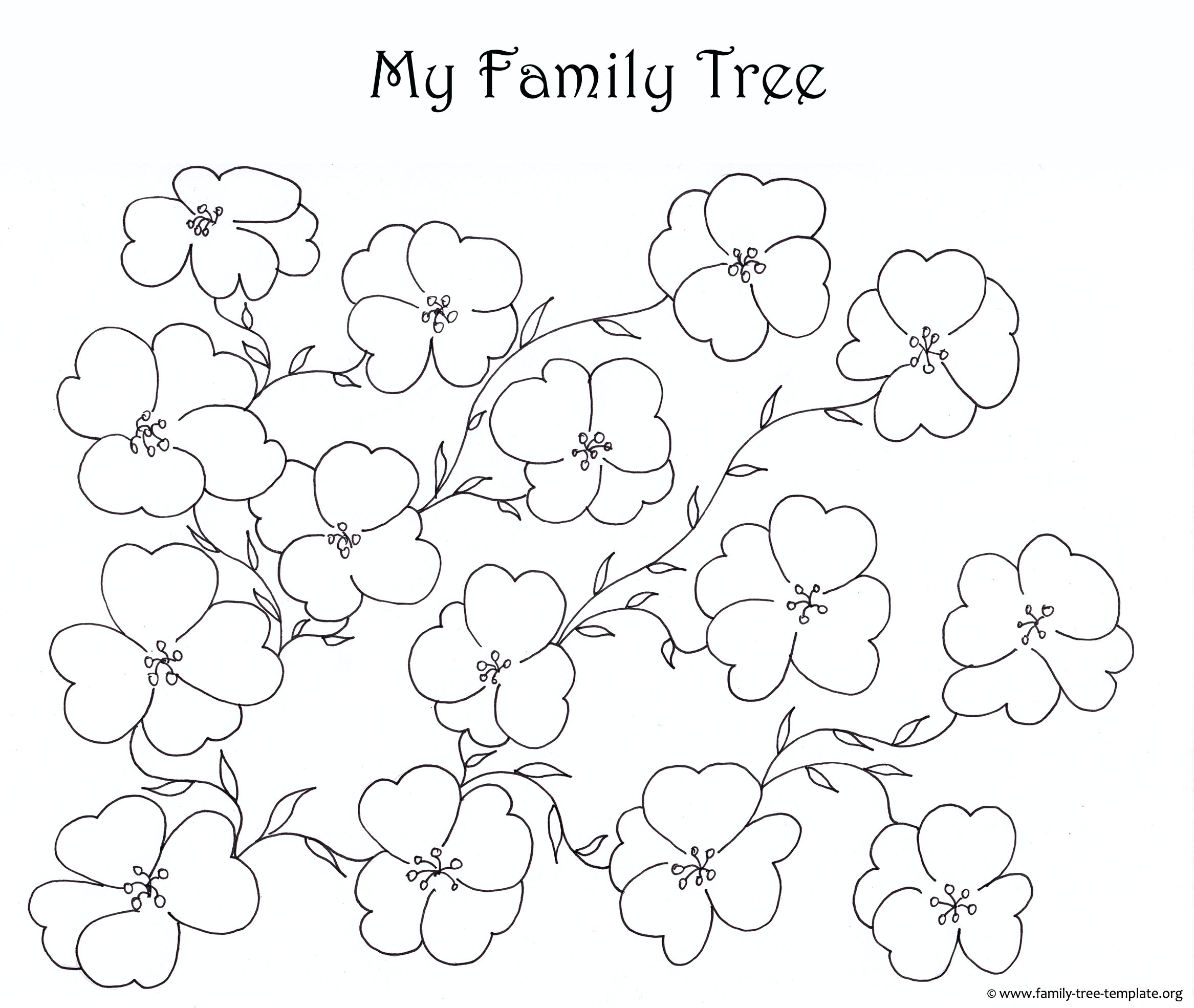 Blank family tree for kids to color: Flower theme.