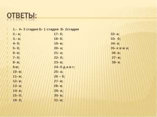 1.- А- 3 стадия Б- 1 стадия В- 2стадия 2.- а; 17- б; 32- а; 3.- а; 18- б; 33-