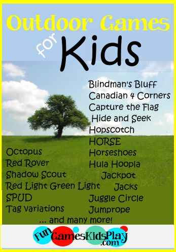 Outdoor, trees and grass with kids playing games