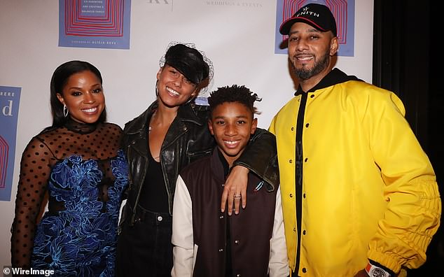 History: Mashonda (left) and Swizz (right) have a son named Kasseem Dean Jr., 11, who they  co-parent with Alicia (center left). The foursome is pictured in New York on Monday 