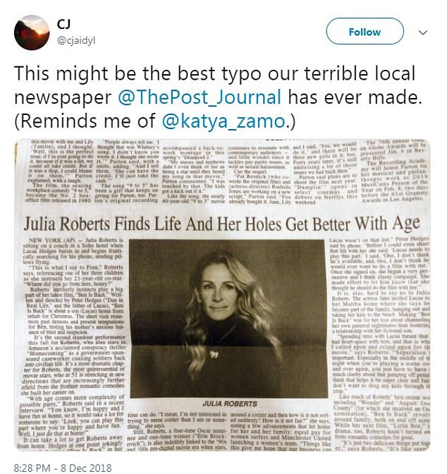 Whoops! Jamestown, New York newspaper The Post-Journal made the mistake in a headline on an AP story