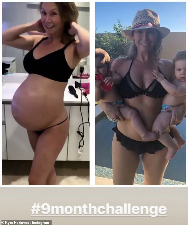 Spot the difference: In February, she showed off her huge baby bump before the birth of her twins and her toned body just nine months later as she held Hudson and Haven on her hips