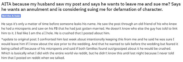Worse and worse: Though there were no identifiable details, her husband found the post and is now threatening to leave and sue her