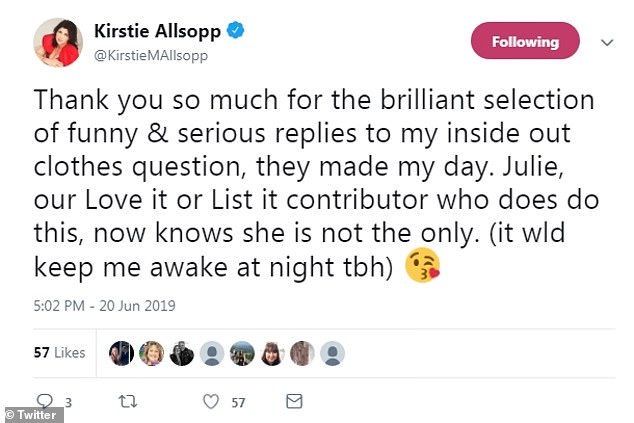 Kirstie admitted she too would find it difficult to fold her clothes inside out, tweeting: 