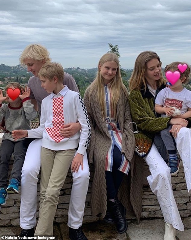 Natalia, 37, is mother to Lucas, 19, Neva, 13, and Viktor, 12, (seen centre) with her English ex-husband Justin Portman, and Maxim, 5, and Roman, 3, (pictured far right and far left) with her French businessman husband Antoine Arnault