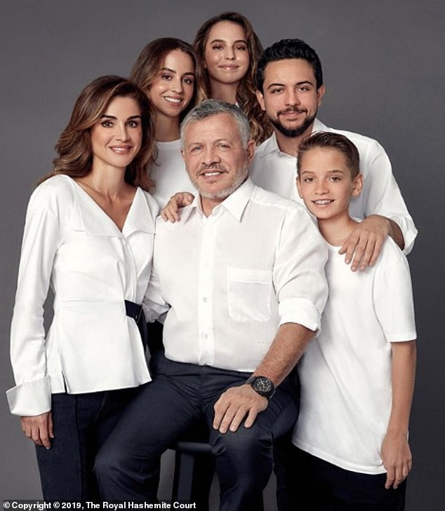 Queen Rania of Jordan alongside her husband King Abdullah II and their four children, Crown Prince Hussein, 26, Princess Iman, 23, Princess Salma, 19 and Prince Hashem, 15