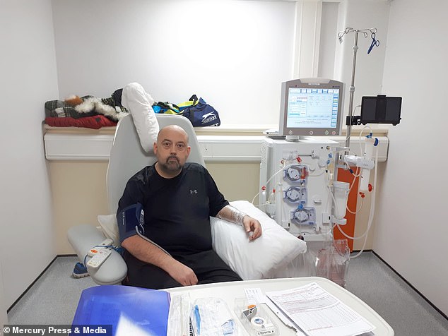 As soon as the medic began explaining the option of a living donor, Tracy interrupted him and said she wanted to get tested as a potential kidney donor for Stephen. Pictured, Stephen on dialysis