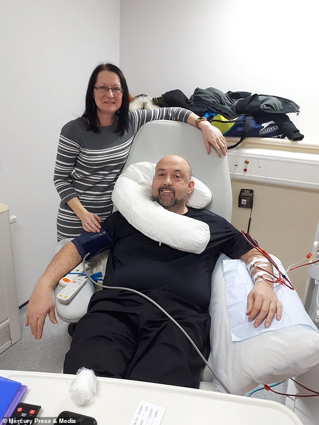 Stephen and Tracy spent five days in hospital following the transplant operation and each have at least three months off work while they recover. Pictured, Stephen on dialysis
