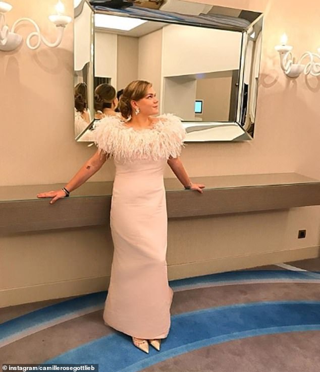 Full-on fabulous: Camille in a feathered gown at the exclusive Monte Carlo Bay Hotel and Resort in a photo shared in August 2019. Camille is the youngest of Stephanie