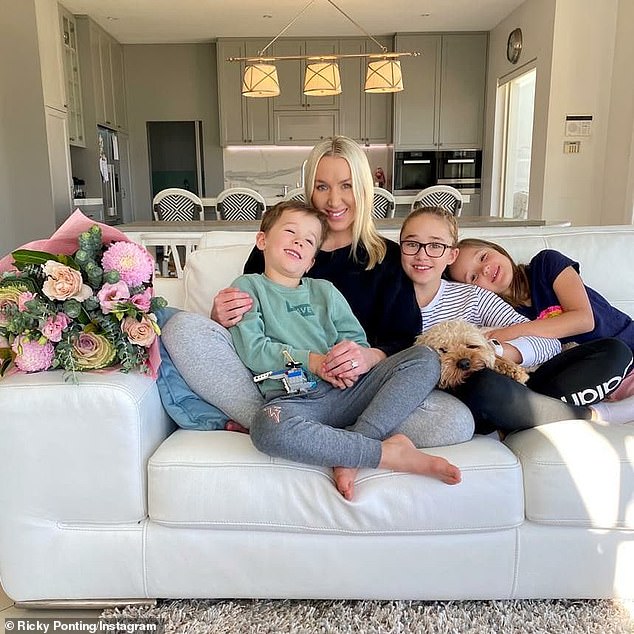 Ponting said he was glad his wife Rianna (pictured with Fletcher, Emmy and Matisse Ponting) was not in the hospital when he thought their son might die because it would still be 