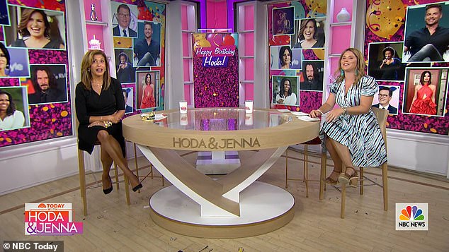 Today family: Hoda kicked off her birthday celebrations on the Today show on Friday with her fourth-hour co-host Jenna Bush Hager leading the surprise toasts