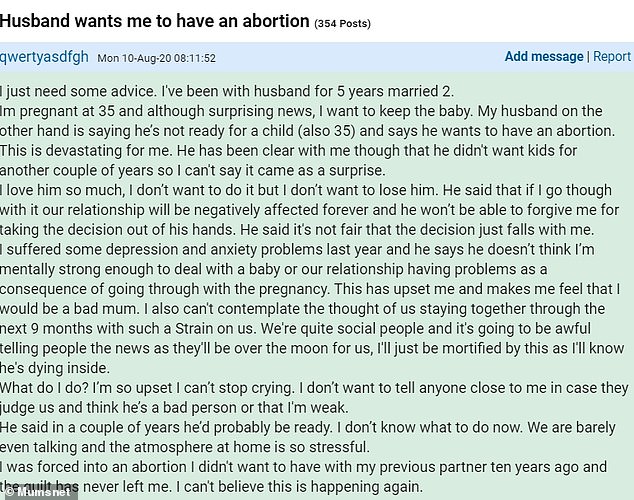 The woman explained that her husband voiced concerns about her not being mentally strong enough to have a baby and said he wouldn