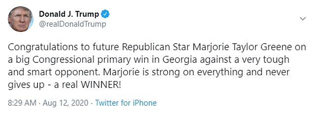 Donald Trump issued praise Wednesday morning for QAnon believer Marjorie Taylor Greene for winning the Republican primary election in Georgia