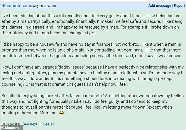 The woman explained on Mumsnet that admitting to wanting to be a housewife feels like she