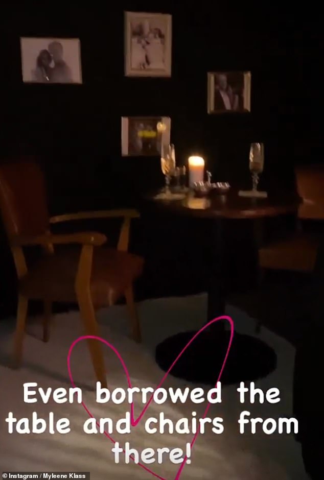 Cute: Myleene added that Simon had even borrowed the tables and chairs from the bar, and decorated the room with photos from their romance