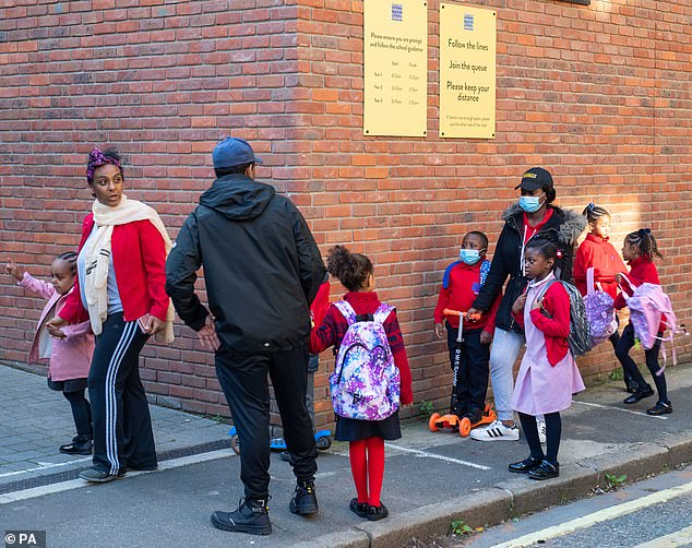 The findings boost the case for re-opening schools in the wake of the Covid-19 pandemic after a furious battle about whether it is safe. Pictured: Pupils and parents queue at drop off on the first day back to school at Charles Dickens Primary School in London today