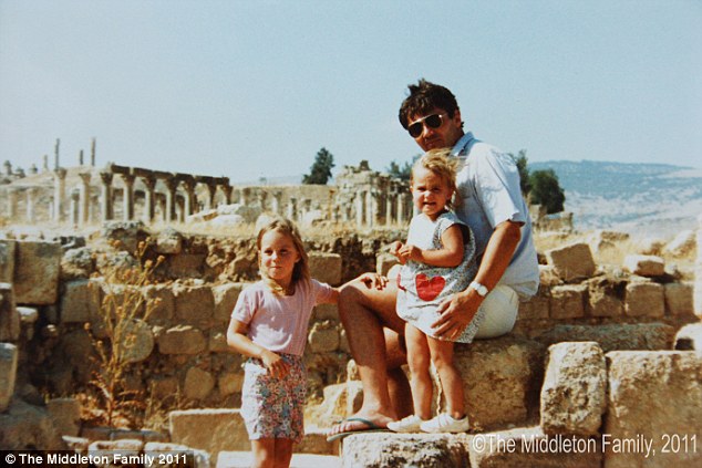 Catherine aged four with her father and sister Pippa in Jerash, Jordan
