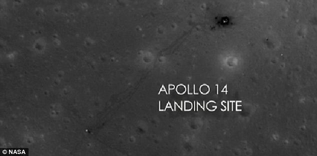 Touch down: The Apollo 14 landing site can be seen at the top of this photograph, complete with astronaut footprints leading away from it