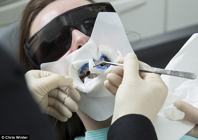 Getting a youthful smile: Karen Cross having her teeth whitened at the London Centre for Cosmetic Dentistry