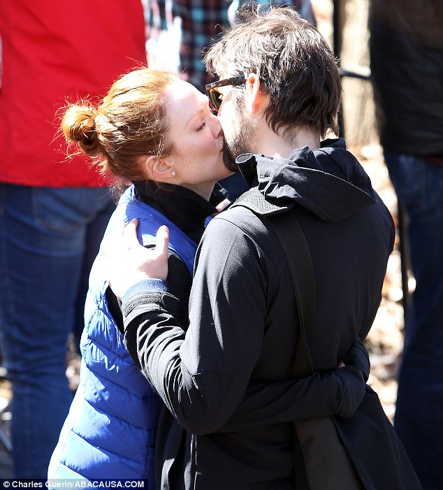 Still so in love: Julianne Moore got a visit and a kiss from her husband Bart Freundlich on the set of Still Alice in New York on Monday