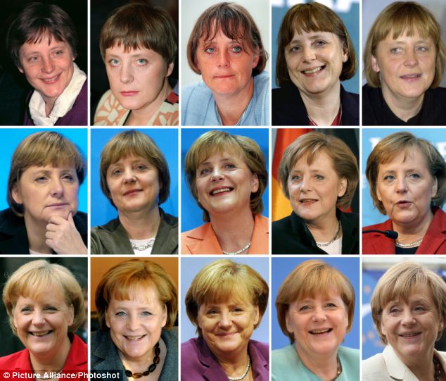 Changing faces: Angela Merkel, pictured left to right from top left, 1991, 1994, 1997, 2000, 2002, 2003, 2003, 2004 2005, 2006, 2007, 2008, 2010, 2011, 2013 and 2014