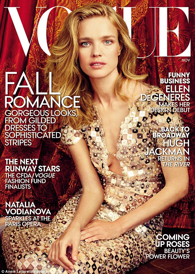 Cover girl: Ms Vodianova graces the November issue of US Vogue magazine, looking absolutely stunning in an all-over sequined gown and minimal makeup
