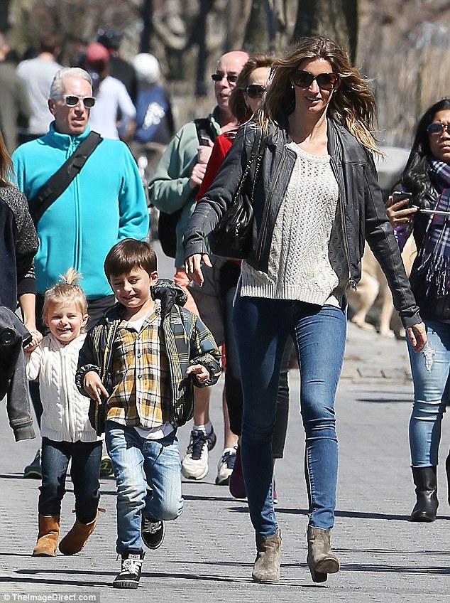 Focusing on family: Gisele Bündchen took her two children to a Manhattan playground Sunday... 24 hours after confirming her runway retirement