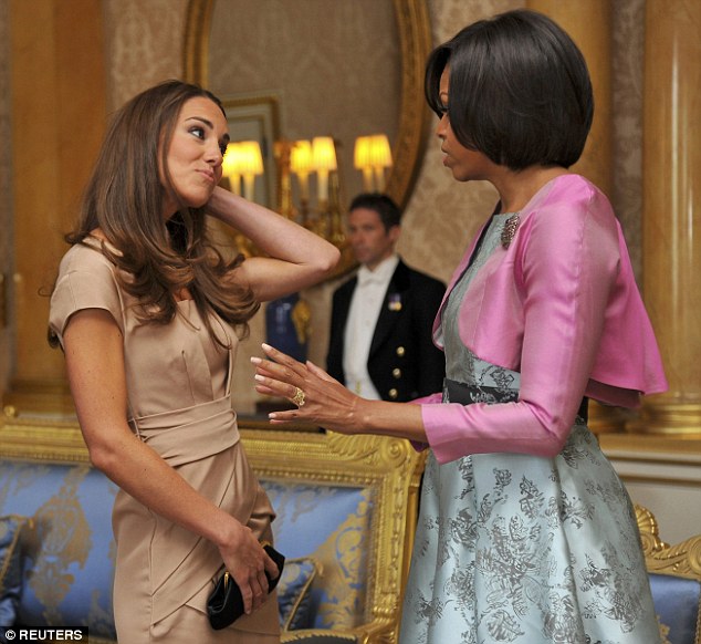 Nervous: The Duchess appeared visibly nervous during her first engagement - a meeting with the Obamas