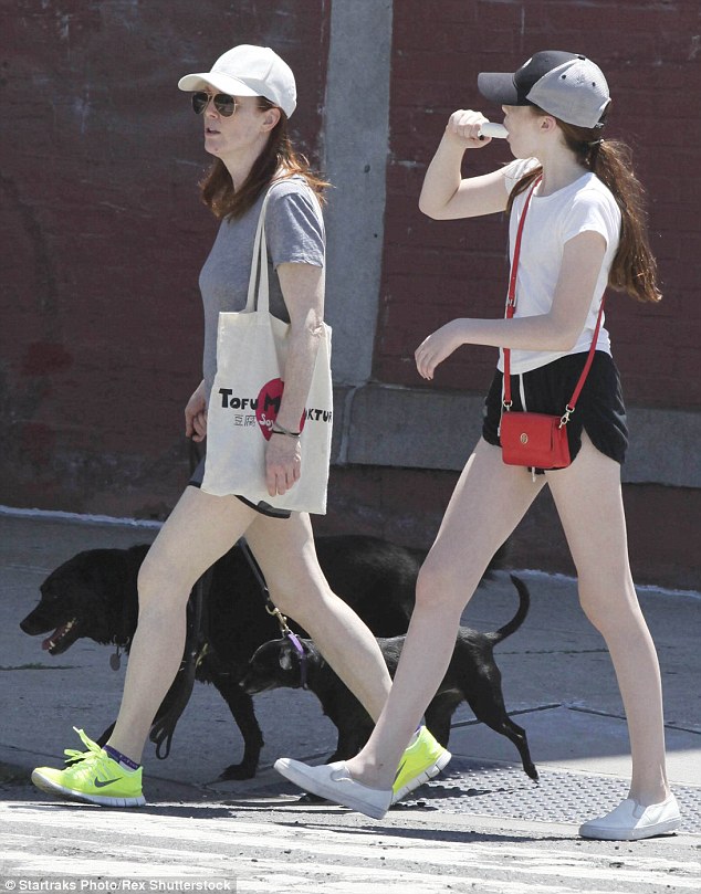 Sunny walk: Julianne Moore (right) and her daughter, Liv Freundlich (left) took a walk with their dogs on Sunday in New York City