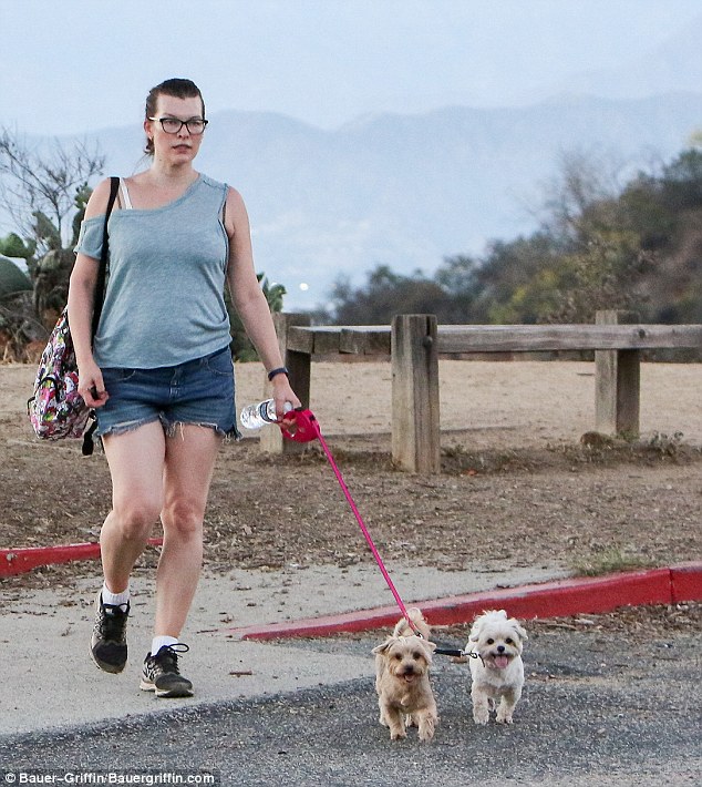 Yummy mummy: the brunette beauty hit the trail with her two pint sized pooches