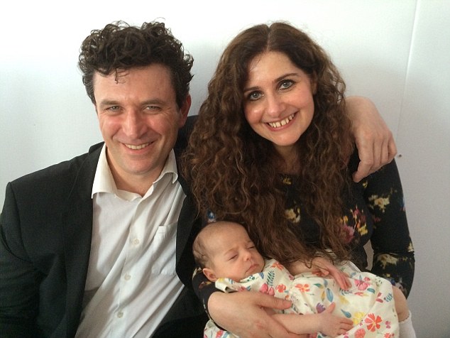 Last year, the average age for a woman to have her first baby tipped over the age of 30 for the first time (pictured: Hilary Freeman with her daughter Sidonie and partner Mickael)