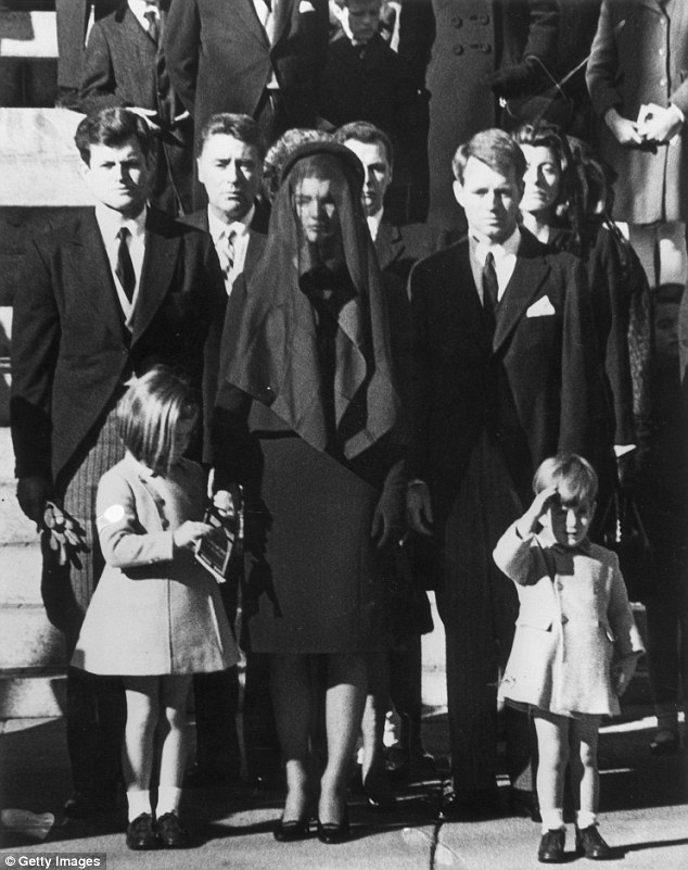 Difficult time: Jackie Kennedy frequently spoke about suicide in the months after the assassination of President Kennedy ((l t r: Senator Edward Kennedy, Caroline Kennedy, Jackie, Attorney General Robert Kennedy and John John at JFK