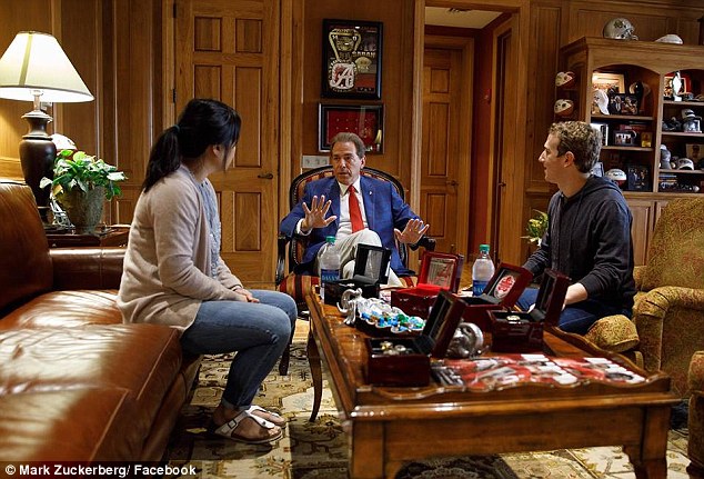 Roll tide: On Tuesday Zuckerberg wrote a lengthy post after talking to Coach Nick Saban (above) about how coaching a football team is like running a company