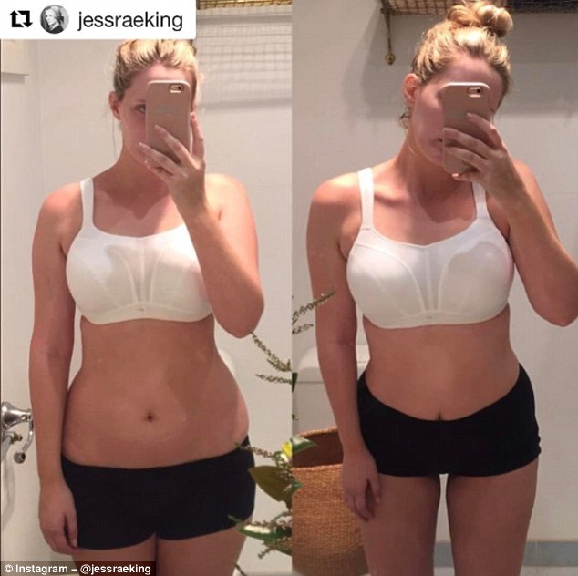 Body positive model Jess King, from Perth, Western Australia, posted this picture of herself to prove how easy it is to look smaller simply by sucking in, pulling up her pants, pushing her hips back and standing with her legs apart to create a thigh gap