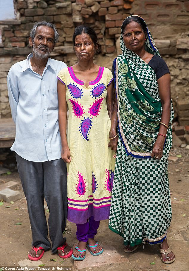 No choice: Instead of finding safe refuge, Geeta (above right) realised they could not afford to live with her mother and were too poor to live alone, so she forgave her husband (left) and returned to the family home