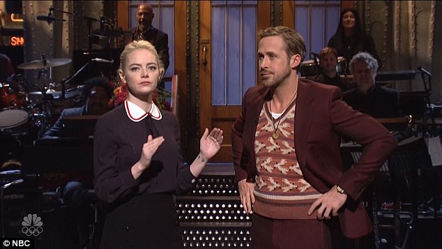 Back together: Emma Stone reunited with La La Land co-star Ryan Gosling to help him launch the new season of Saturday Night Live