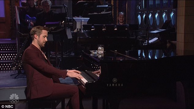 Piano man: Ryan, in a burgundy suit and a patterned sweater, had started his opening monologue by saying how thrilled he was to be launching the season with his second time as host, then quipping: ¿I haven¿t felt this excited since I saved jazz.¿