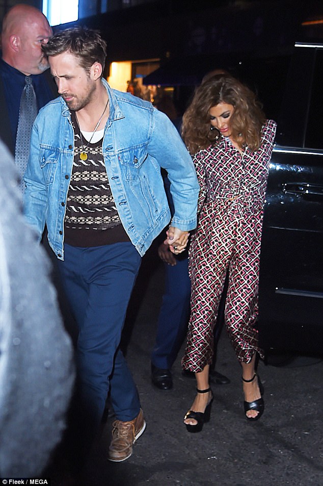 Hand-in-hand: Eva Mendes was enjoying a date night with husband Ryan Gosling on Saturday, attending the SNL After Party in Los Angeles hand-in-hand following The Notebook star
