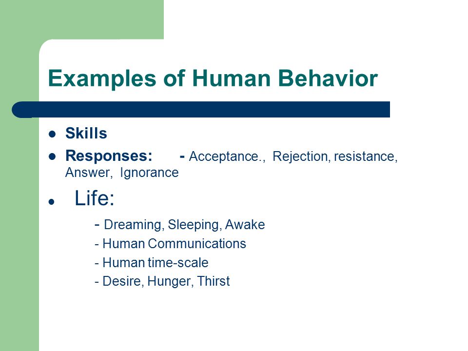 Examples of Human Behavior Skills Responses: - Acceptance., Rejection, resistance, Answer, Ignorance Life: - Dreaming, Sleeping, Awake - Human Communications - Human time-scale - Desire, Hunger, Thirst