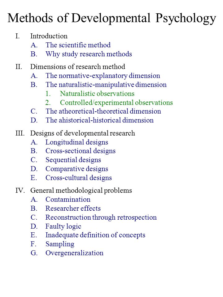 Methods of Developmental Psychology I.Introduction A.The scientific method B.Why study research methods II.Dimensions of research method A.The normative-explanatory dimension B.The naturalistic-manipulative dimension 1.Naturalistic observations 2.Controlled/experimental observations C.The atheoretical-theoretical dimension D.The ahistorical-historical dimension III.Designs of developmental research A.Longitudinal designs B.Cross-sectional designs C.Sequential designs D.Comparative designs E.Cross-cultural designs IV.General methodological problems A.Contamination B.Researcher effects C.Reconstruction through retrospection D.Faulty logic E.Inadequate definition of concepts F.Sampling G.Overgeneralization