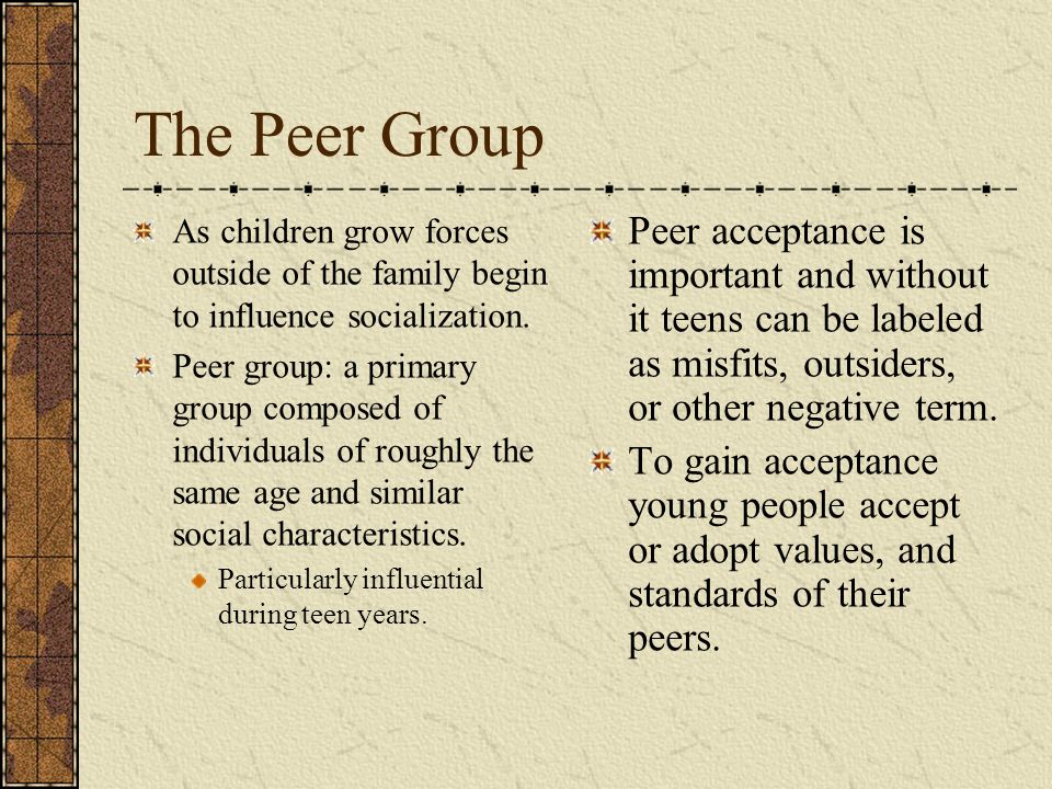 The Peer Group As children grow forces outside of the family begin to influence socialization.