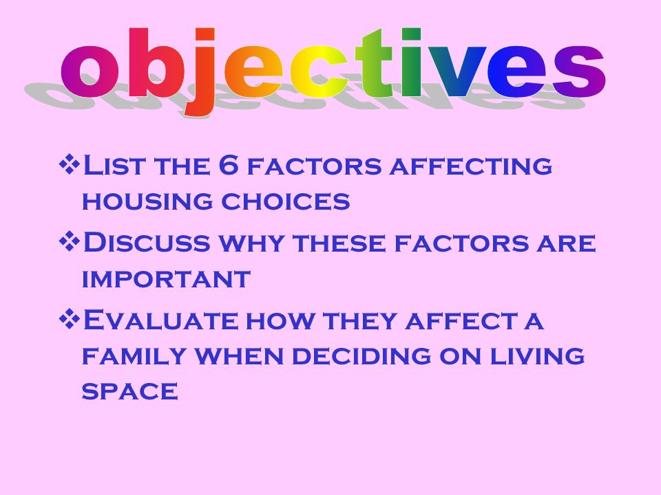  List the 6 factors affecting housing choices  Discuss why these factors are important  Evaluate how they affect a family when deciding on living space