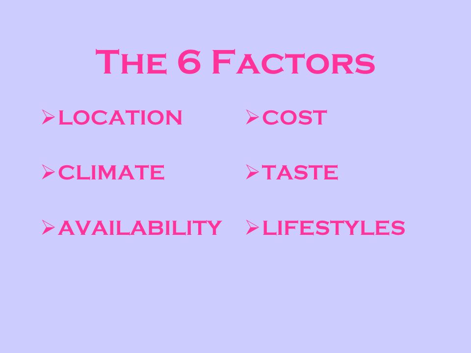 The 6 Factors  LOCATION  CLIMATE  AVAILABILITY  COST  TASTE  LIFESTYLES