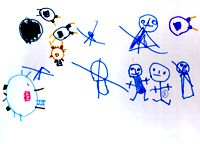 Ребенок пытается нарисовать прыгающего человечка, у него не получается, он зачеркивает, в конце концов, ему это удается: человечек, обозначенный крестиком, 4 года.